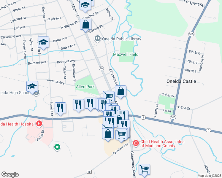 map of restaurants, bars, coffee shops, grocery stores, and more near 571 Main St in Oneida