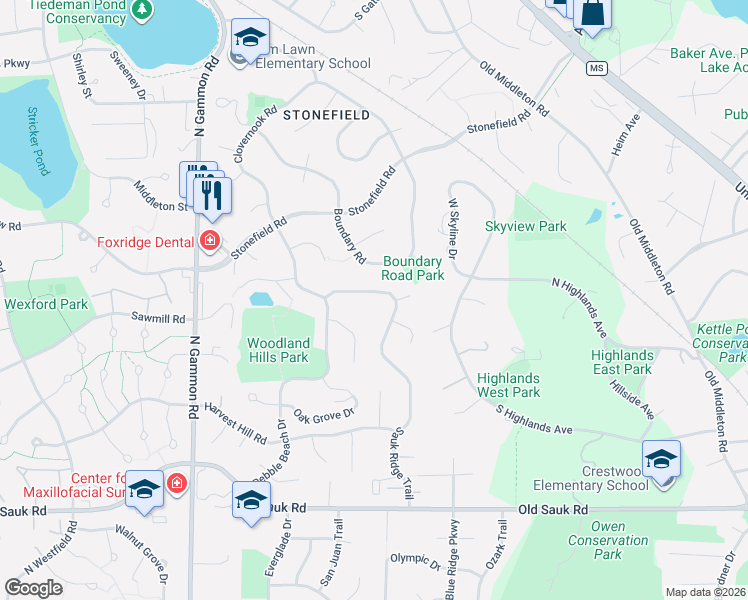 map of restaurants, bars, coffee shops, grocery stores, and more near 934 Sauk Ridge Trail in Madison