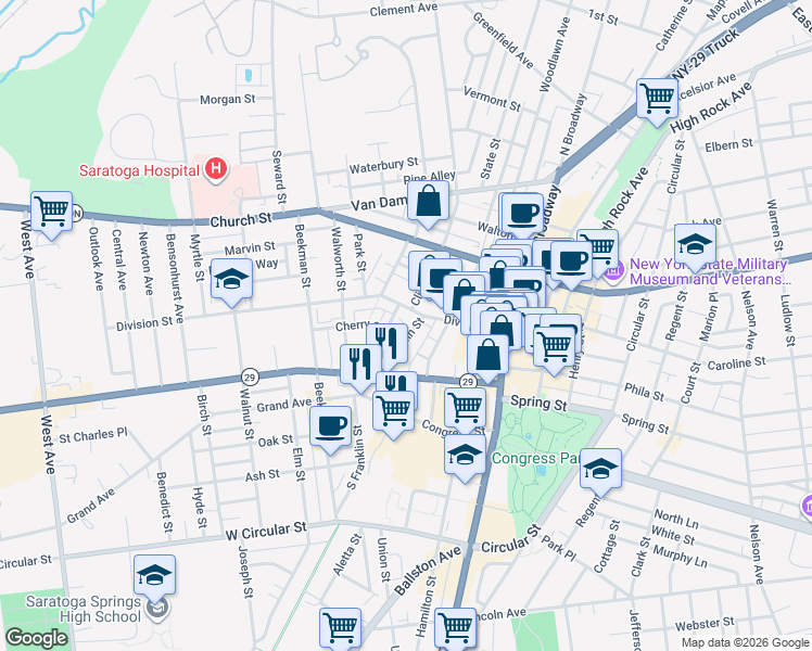 map of restaurants, bars, coffee shops, grocery stores, and more near Franklin Square in Saratoga Springs