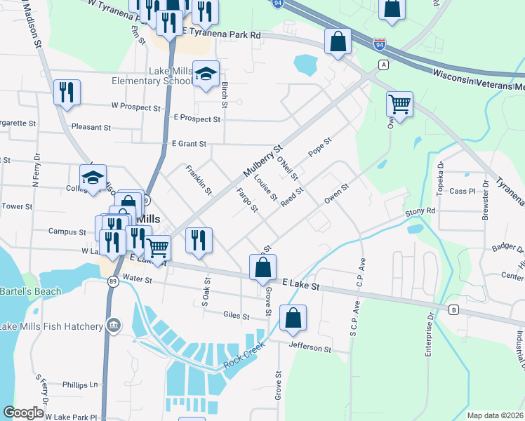 map of restaurants, bars, coffee shops, grocery stores, and more near 602 Reed Street in Lake Mills