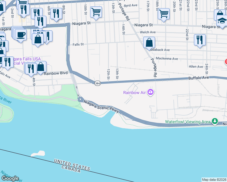 map of restaurants, bars, coffee shops, grocery stores, and more near 1259 Buffalo Avenue in Niagara Falls
