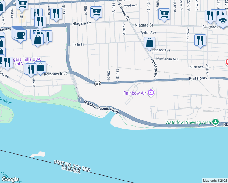 map of restaurants, bars, coffee shops, grocery stores, and more near 1261 Buffalo Avenue in Niagara Falls
