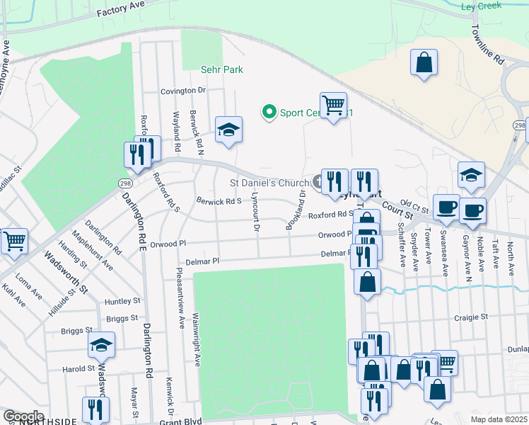 map of restaurants, bars, coffee shops, grocery stores, and more near 505 Roxford Road South in Syracuse