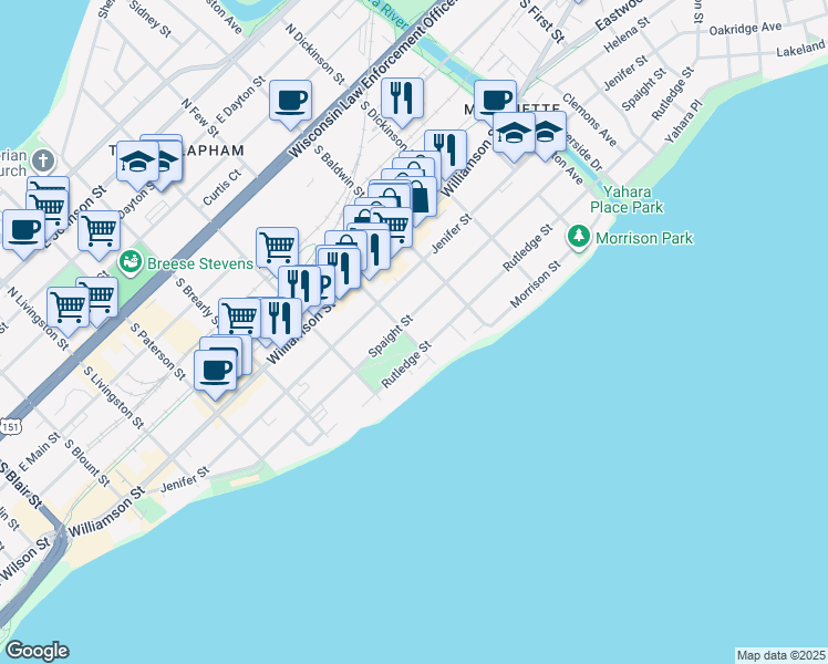map of restaurants, bars, coffee shops, grocery stores, and more near 609 South Few Street in Madison