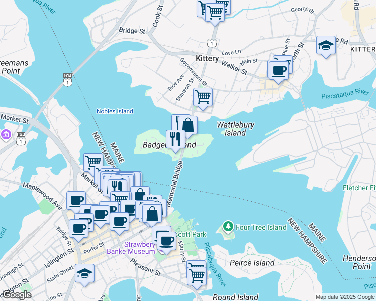 map of restaurants, bars, coffee shops, grocery stores, and more near 1 Badgers Island West in Kittery