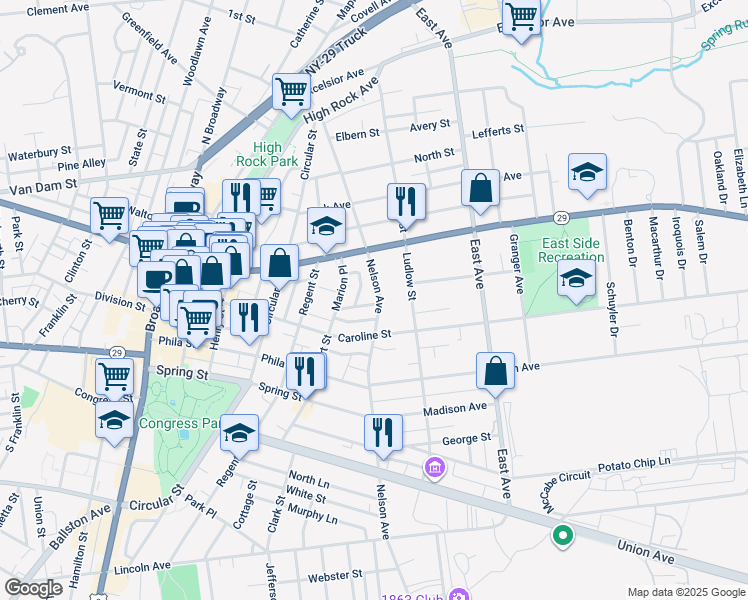 map of restaurants, bars, coffee shops, grocery stores, and more near 235 Nelson Avenue in Saratoga Springs