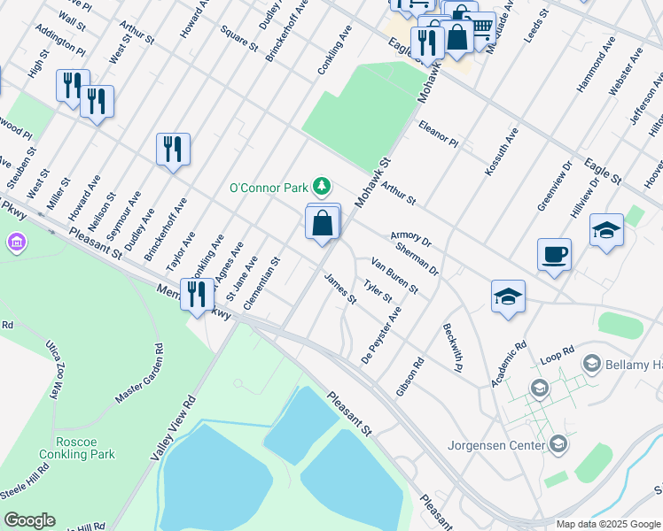 map of restaurants, bars, coffee shops, grocery stores, and more near 703 James Street in Utica