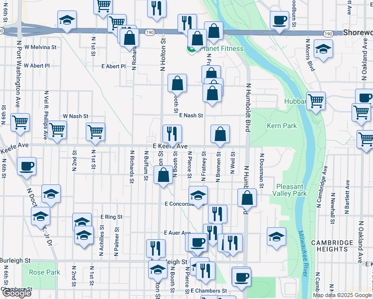 map of restaurants, bars, coffee shops, grocery stores, and more near 3483 North Pierce Street in Milwaukee