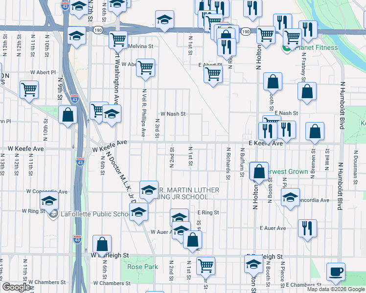 map of restaurants, bars, coffee shops, grocery stores, and more near in Milwaukee