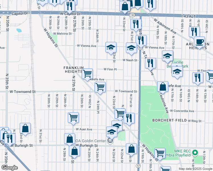 map of restaurants, bars, coffee shops, grocery stores, and more near 3406 North 24th Street in Milwaukee
