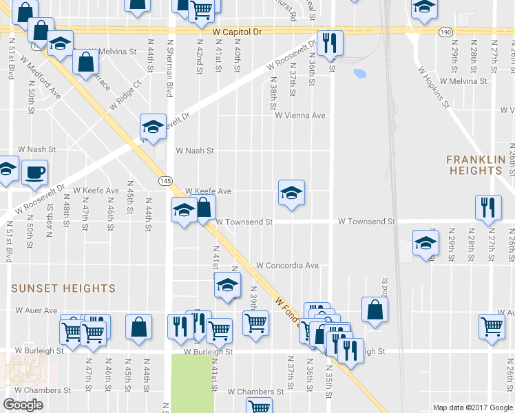 map of restaurants, bars, coffee shops, grocery stores, and more near 3425 North 38th Street in Milwaukee