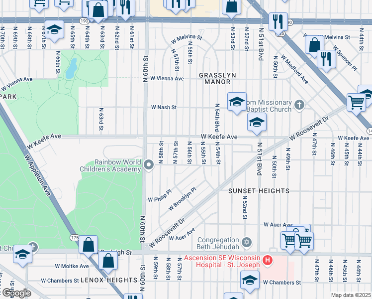 map of restaurants, bars, coffee shops, grocery stores, and more near 3428 North 57th Street in Milwaukee