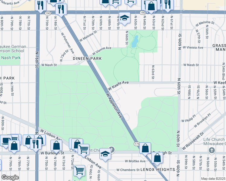 map of restaurants, bars, coffee shops, grocery stores, and more near 6780 West Appleton Avenue in Milwaukee