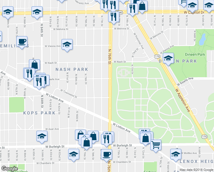 map of restaurants, bars, coffee shops, grocery stores, and more near 3443 North 76th Street in Milwaukee