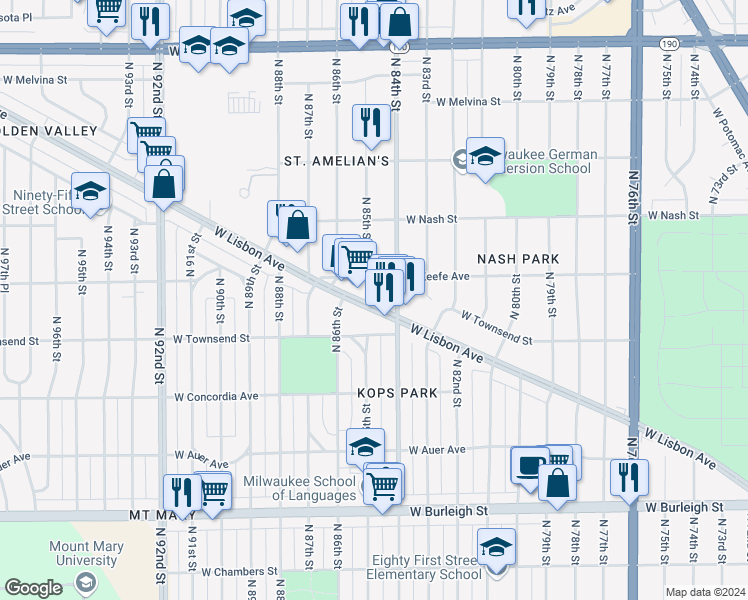 map of restaurants, bars, coffee shops, grocery stores, and more near 8426 West Lisbon Avenue in Milwaukee