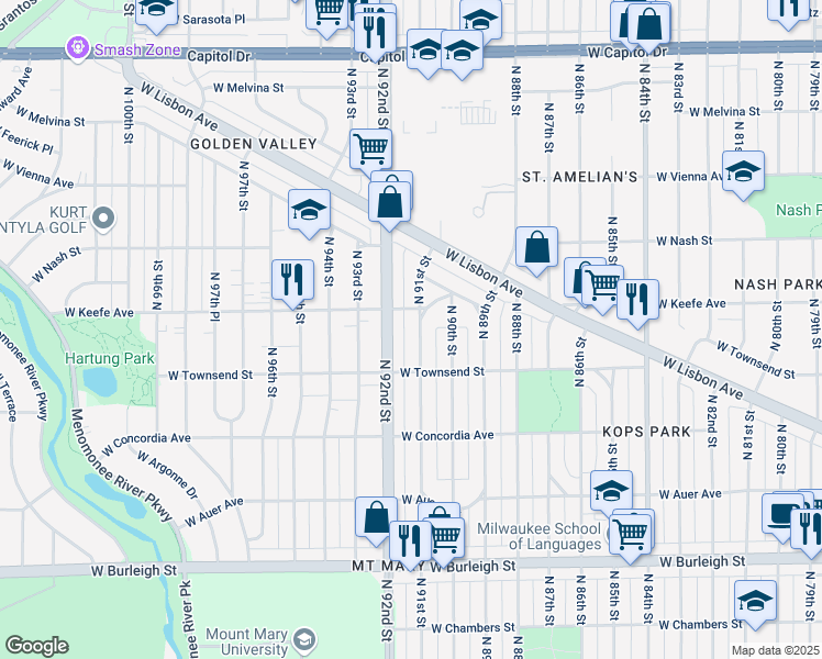 map of restaurants, bars, coffee shops, grocery stores, and more near 3440 North 91st Street in Milwaukee