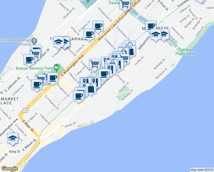 map of restaurants, bars, coffee shops, grocery stores, and more near 1100 Jenifer Street in Madison