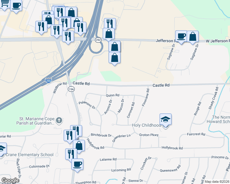 map of restaurants, bars, coffee shops, grocery stores, and more near 116 Quinn Road in Rochester