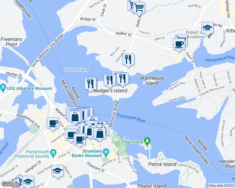 map of restaurants, bars, coffee shops, grocery stores, and more near 1 Badgers Island West in Kittery