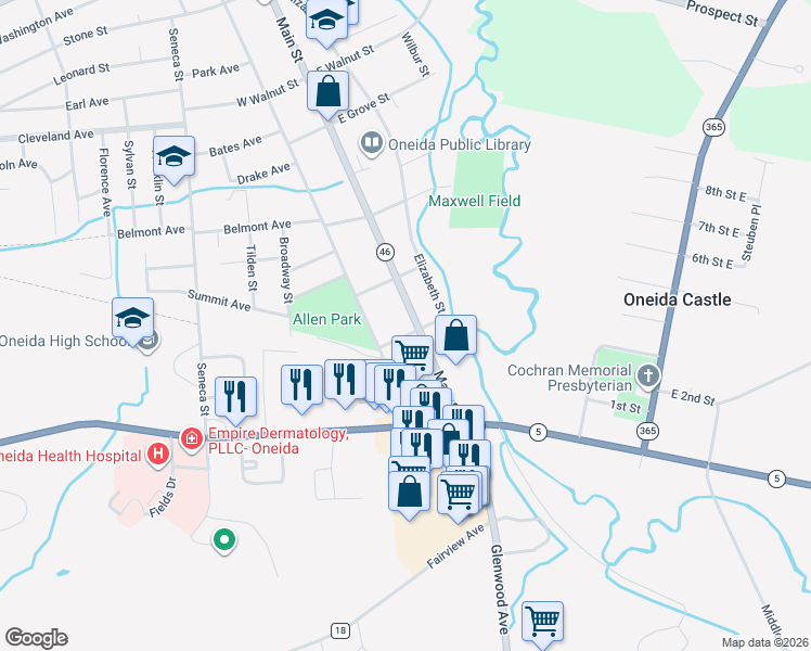 map of restaurants, bars, coffee shops, grocery stores, and more near 571 Main Street in Oneida