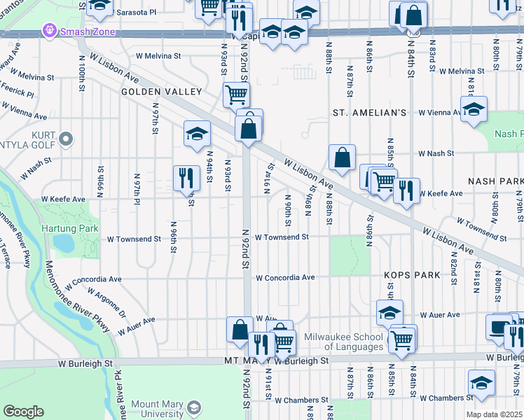 map of restaurants, bars, coffee shops, grocery stores, and more near 3440 North 91st Street in Milwaukee