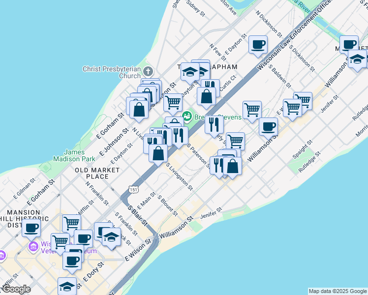 map of restaurants, bars, coffee shops, grocery stores, and more near 841 East Washington Avenue in Madison