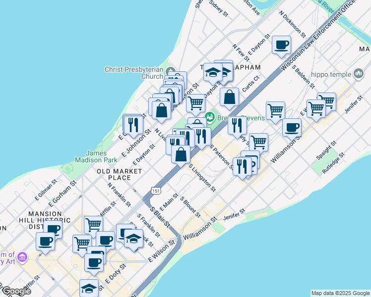 map of restaurants, bars, coffee shops, grocery stores, and more near 822 East Washington Avenue in Madison