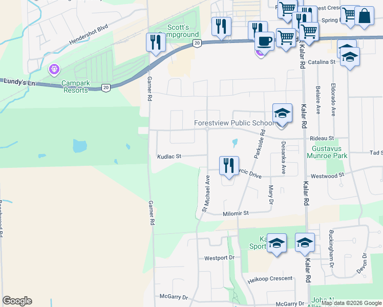 map of restaurants, bars, coffee shops, grocery stores, and more near 8862 Kudlac Street in Niagara Falls