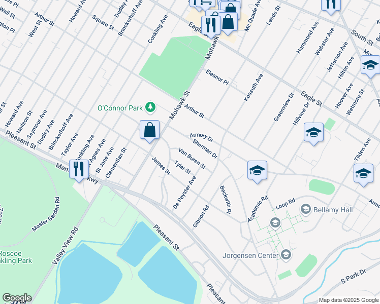map of restaurants, bars, coffee shops, grocery stores, and more near 821 Van Buren Street in Utica