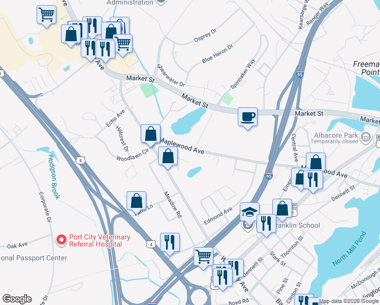 map of restaurants, bars, coffee shops, grocery stores, and more near 14 Fairview Drive in Portsmouth