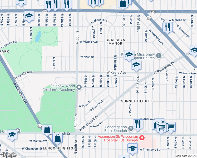 map of restaurants, bars, coffee shops, grocery stores, and more near 3428 North 57th Street in Milwaukee