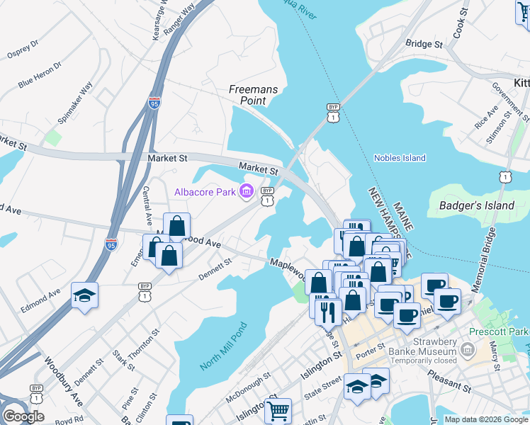 map of restaurants, bars, coffee shops, grocery stores, and more near 136 Northwest Street in Portsmouth