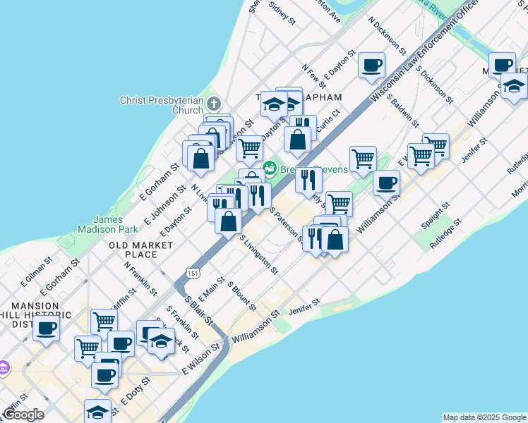 map of restaurants, bars, coffee shops, grocery stores, and more near 841 East Washington Avenue in Madison