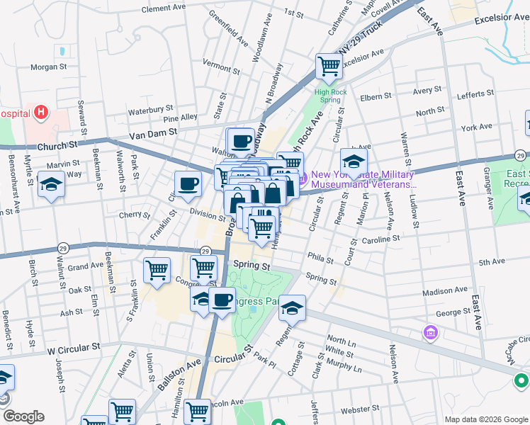 map of restaurants, bars, coffee shops, grocery stores, and more near 30 1/2 Caroline Street in Saratoga Springs