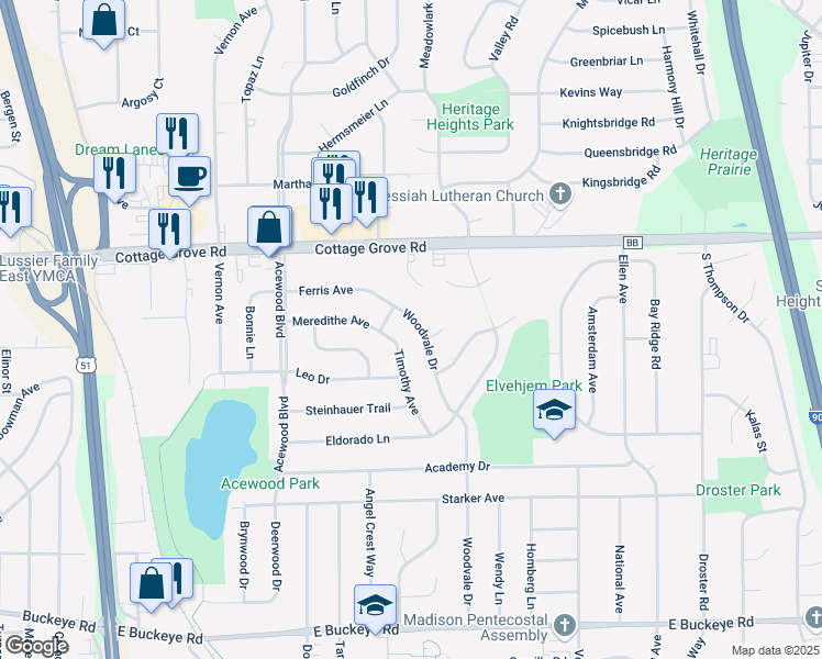 map of restaurants, bars, coffee shops, grocery stores, and more near 1126 Woodvale Drive in Madison