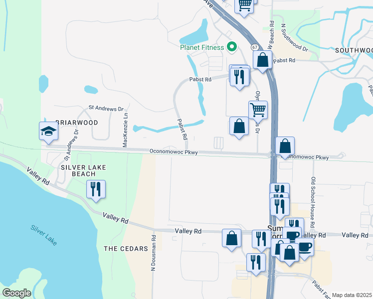 map of restaurants, bars, coffee shops, grocery stores, and more near Oconomowoc Parkway in Oconomowoc