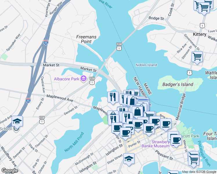 map of restaurants, bars, coffee shops, grocery stores, and more near 446 Market Street in Portsmouth