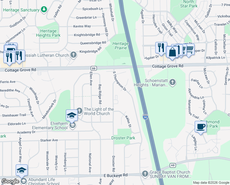 map of restaurants, bars, coffee shops, grocery stores, and more near 1117 Droster Road in Madison