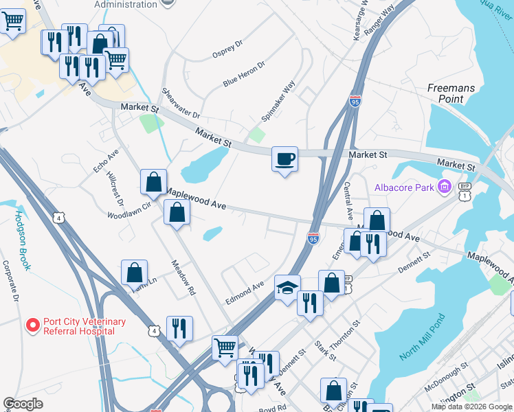 map of restaurants, bars, coffee shops, grocery stores, and more near 940 Maplewood Avenue in Portsmouth