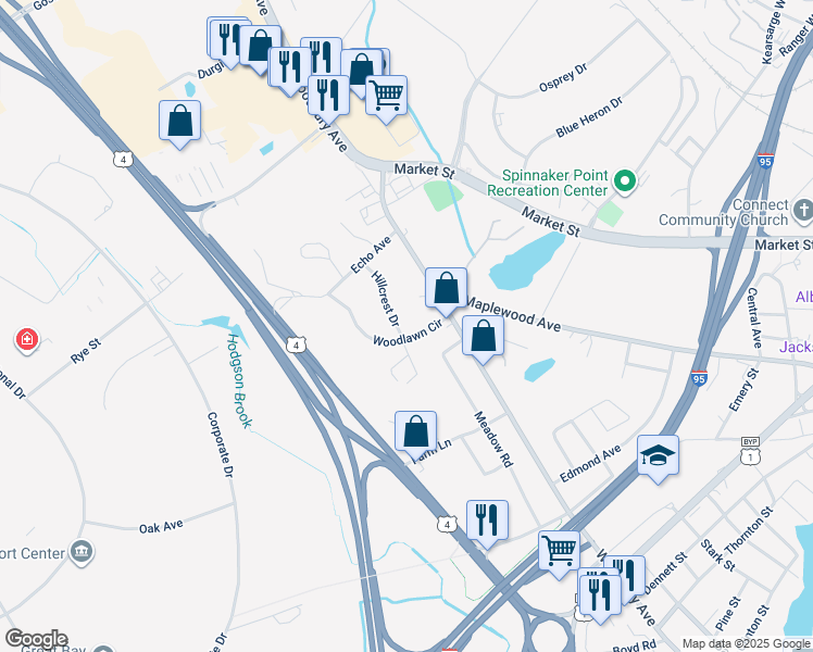 map of restaurants, bars, coffee shops, grocery stores, and more near 103 Woodlawn Circle in Portsmouth