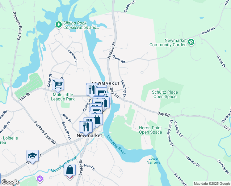 map of restaurants, bars, coffee shops, grocery stores, and more near 25 Bay Road in Newmarket