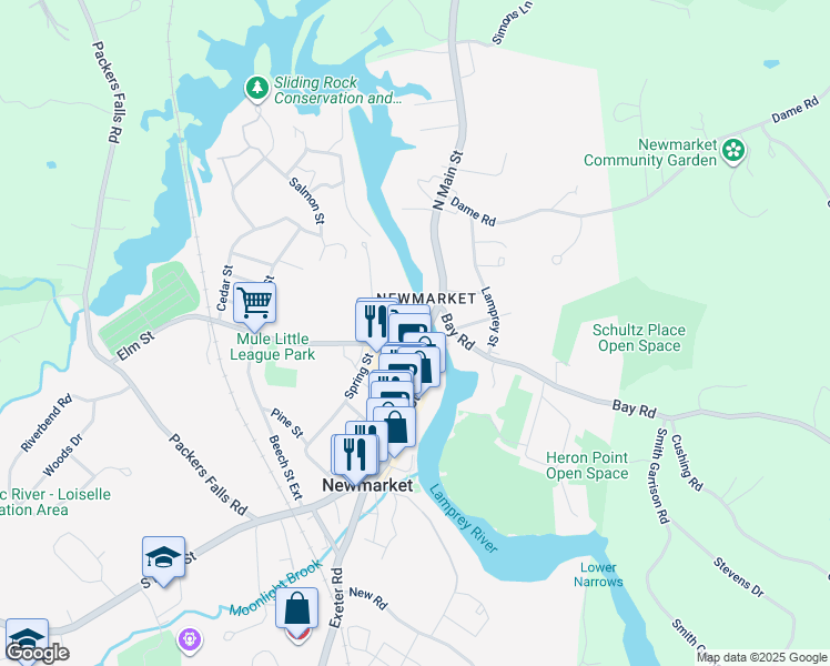 map of restaurants, bars, coffee shops, grocery stores, and more near 55 North Main Street in Newmarket