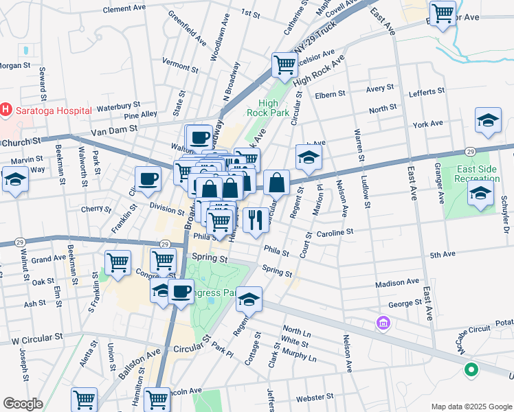 map of restaurants, bars, coffee shops, grocery stores, and more near 66 Caroline Street in Saratoga Springs