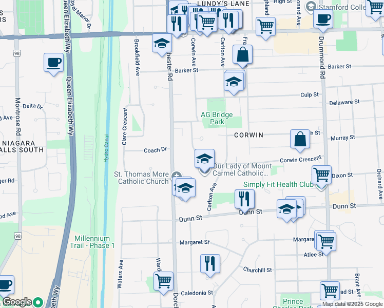 map of restaurants, bars, coffee shops, grocery stores, and more near 6788 Corwin Crescent in Niagara Falls