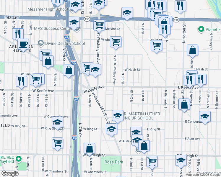 map of restaurants, bars, coffee shops, grocery stores, and more near 3454 Vel R. Phillips Avenue in Milwaukee