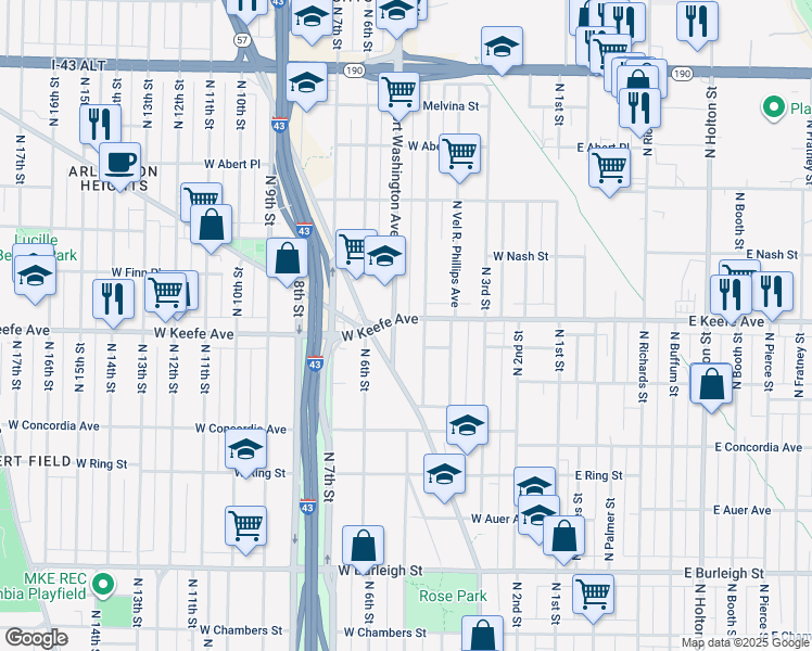 map of restaurants, bars, coffee shops, grocery stores, and more near 3451 North 5th Street in Milwaukee