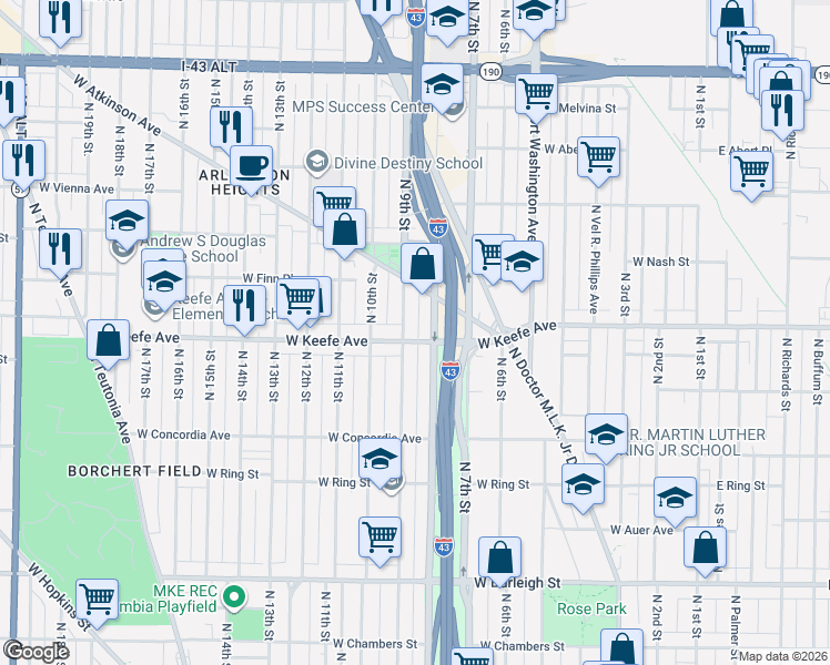 map of restaurants, bars, coffee shops, grocery stores, and more near 3461 North 9th Street in Milwaukee