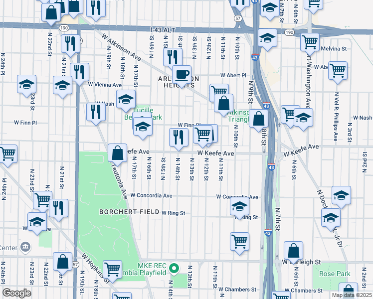 map of restaurants, bars, coffee shops, grocery stores, and more near 3460 North 14th Street in Milwaukee
