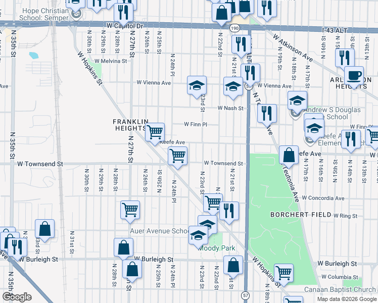 map of restaurants, bars, coffee shops, grocery stores, and more near 3406 North 24th Street in Milwaukee