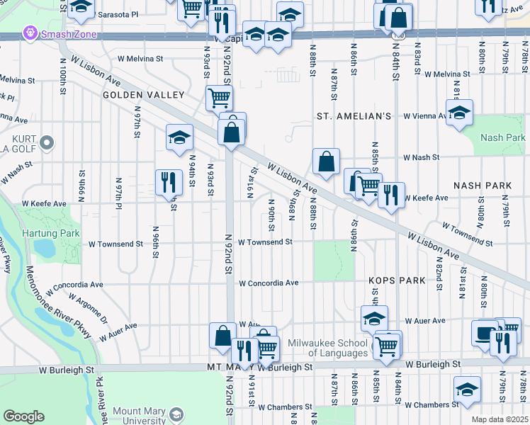 map of restaurants, bars, coffee shops, grocery stores, and more near 3440 North 91st Street in Milwaukee